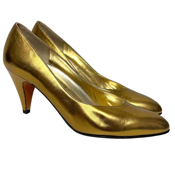 NIB FERRAGAMO Vintage Deadstock Gold Metallic Leather Pumps 7AA - Picture 2 of 12